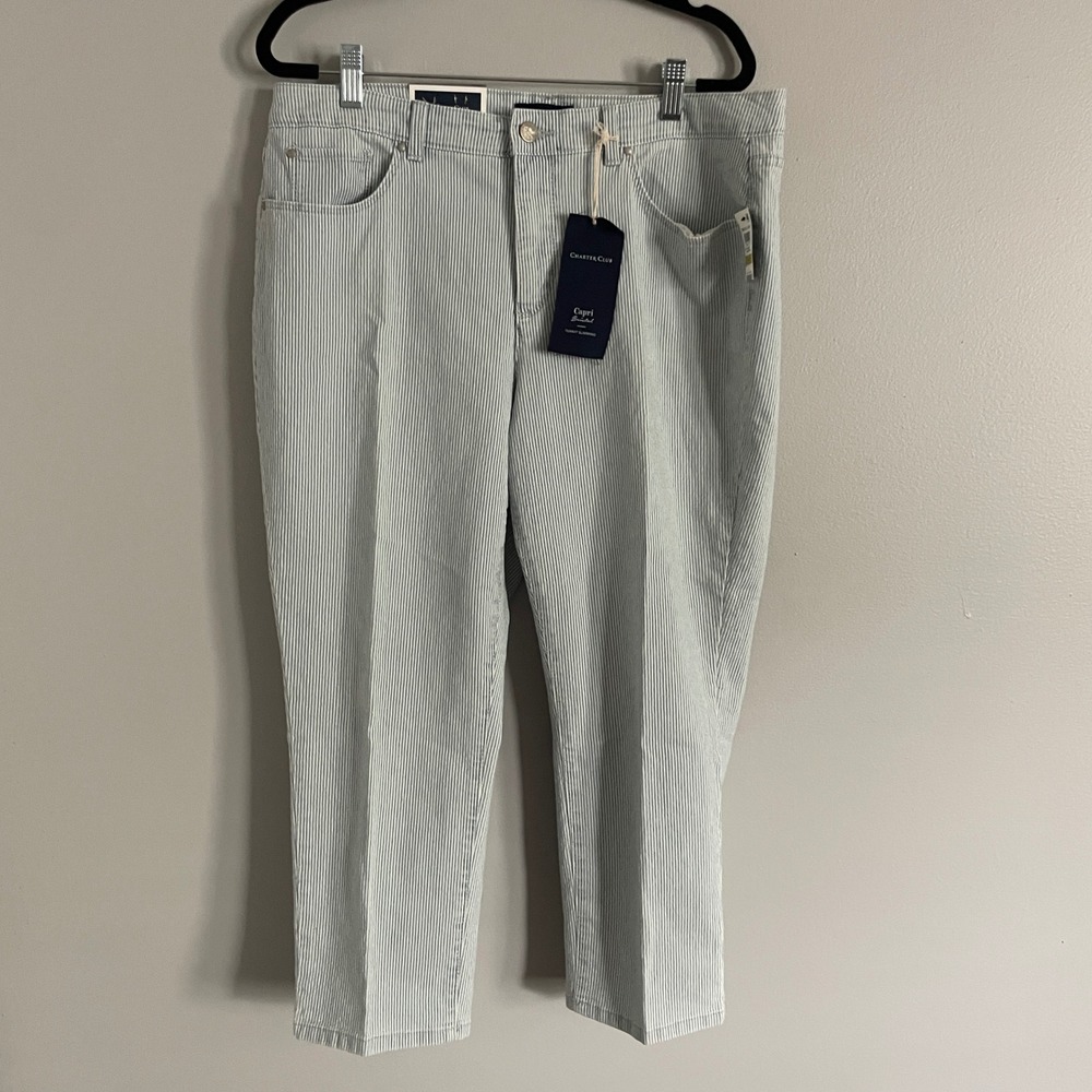 Charter Club Bristol Capri Pants Womens 14 Blue White Pinstripe Nautical Preppy